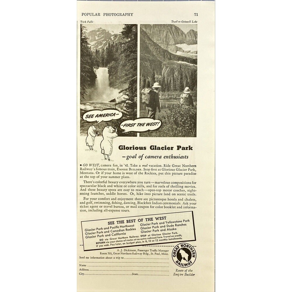 Great Northern Railway *Glorious Glacier Park-goal of camera enthusiasts Ad 1941
